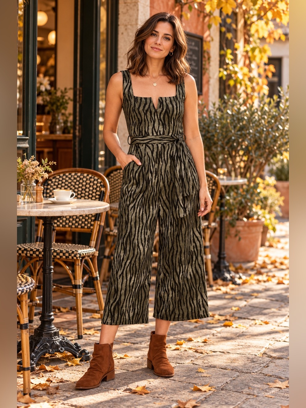 Apricot NWT Olive & Black Zebra Print Jumpsuit — Size 8 (M)